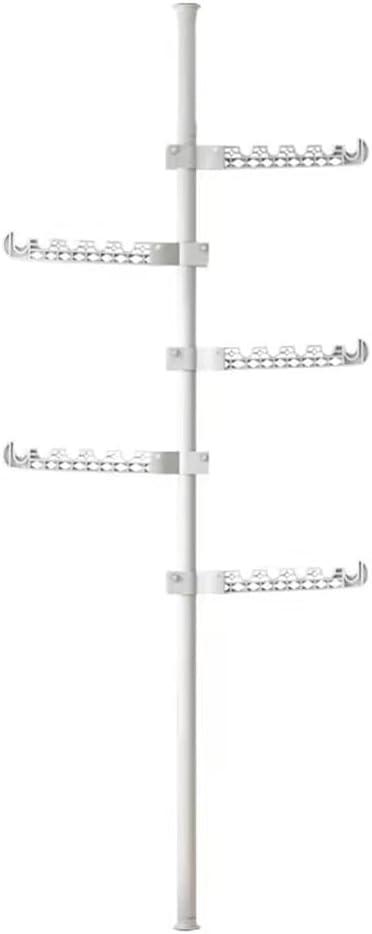 5-Tier Clothes Drying Rack Adjustable Coat Hanger Garment Stand Floor to Ceiling Laundry Pole Tension Rod Storage Organizer for Hanging Clothing, Scarves, Hats, Bags, Purses 43.3''-122.04'' (5 White Hooks, White)