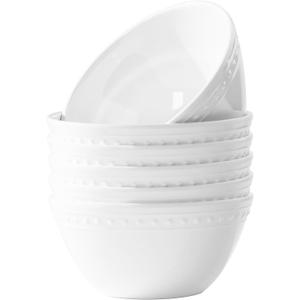 6in Basic White Beaded Melamine Plastic Cereal Bowl Set, Soup Bowls Set of 6, Dishwasher Safe, Break-Resistant, 24 oz Melamine Salad Bowls for Daily Use