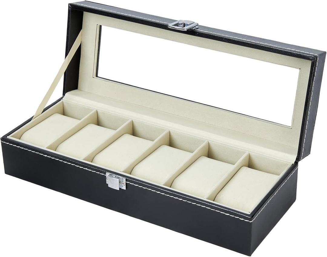 Ohuhu Watch Box Organizer for Men Watch Case 6-Slot PU Leather Watch Storage Real Glass Lid Jewelry Watch Holder Soft velvet Watch Display Case for Men Women Birthday Fathers Day Valentine's Day Gifts
, Beige