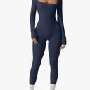 QINSEN Womens Sexy Square Neck Long Sleeve Full Length Leggings Bodycon Stretch Jumpsuit, Size S