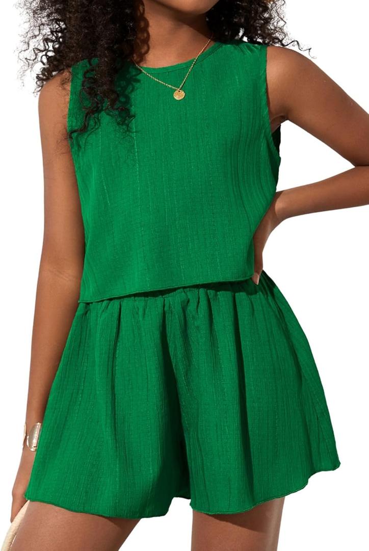 Verdusa Girl's 2 Piece Outfits Sleeveless Blouse Top and Wide Leg Shorts Set (Green,10Y)
