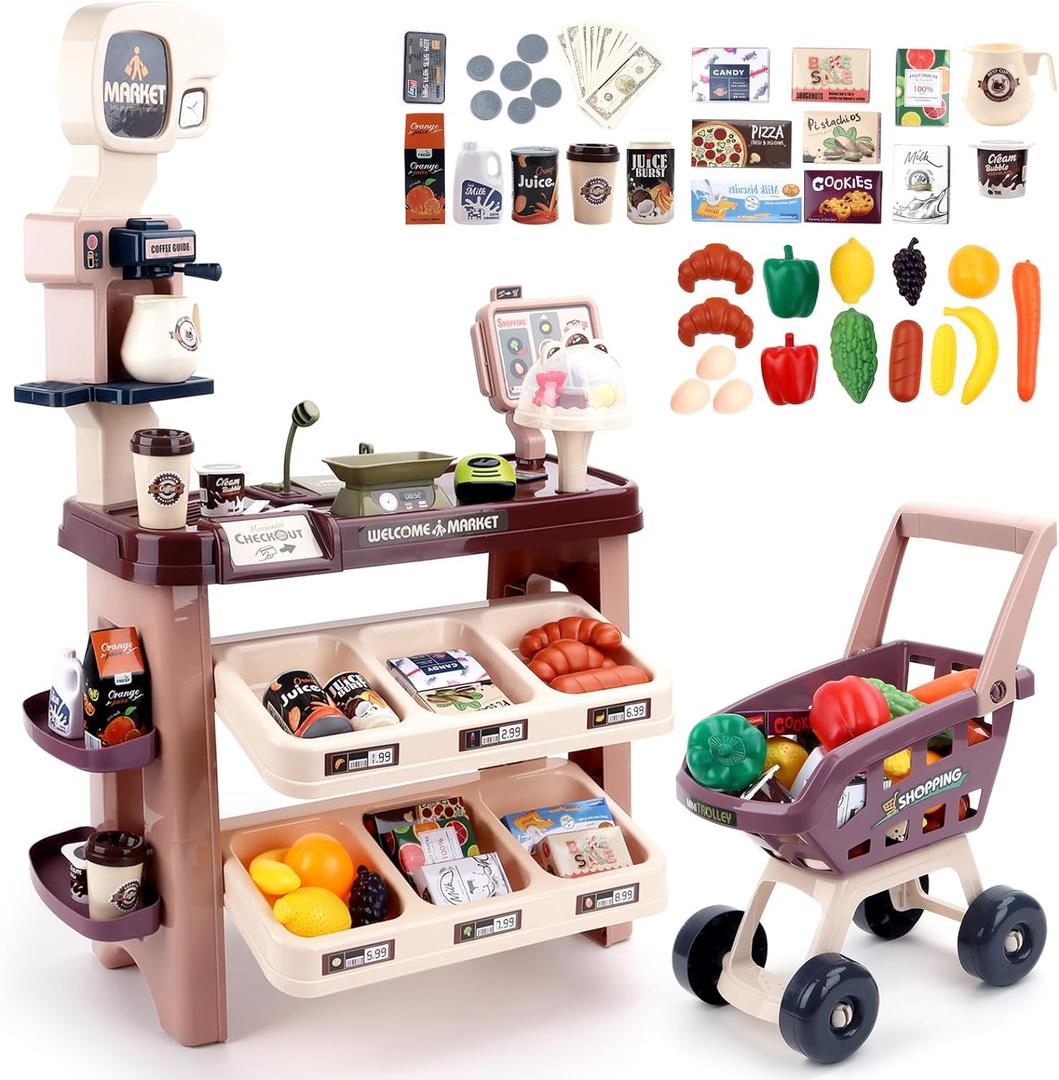 deAO Supermarket Playset for Kids Grocery Store Pretend Play Role Market Stall Toy Shop with Shopping Cart, Plays Kitchen Set for Toddlers,Best Outdoor Playset for Kids