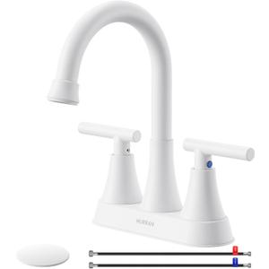 Bathroom Faucets for Sink 3 Hole, Hurran 4 inch Bathroom Sink Faucet with Pop-up Drain and Supply Hoses, Stainless Steel Lead-Free Centerset Faucets for Sink Vanity RV, White