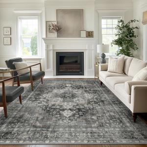 Area Rugs for Living Room 8x10 Machine Washable Rug, Boho Vintage Retro Large Floral Medallion Carpet for Bedroom Dining Room, Low Pile Lightweight Non Slip Rug, Black/Gray