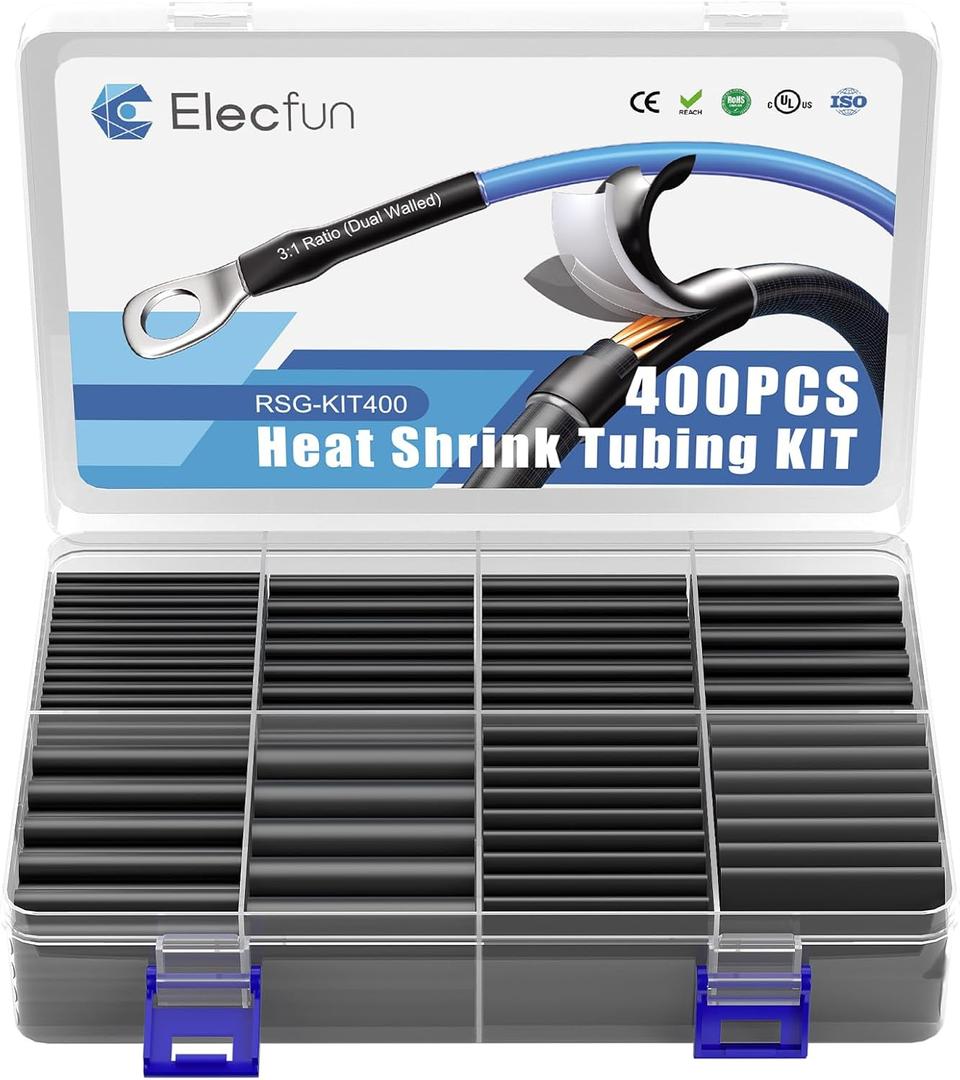 2 x Waterproof Heat Shrink Tubing Kit 400 pcs, 3:1 Dual Wall Tube - Adhesive Lined Heatshrink for Wires - Marine Grade and Industrial Shrinkable Wiring Wrap Fully Insulation Black, 7 Sizes