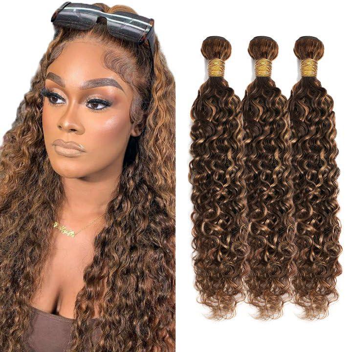 P4/30 Human Hair Bundles Ombre Water Wave 8A Brazilian Virgin Brown 12-16 Inch Remy Human Hair Extensions Highlight Dark Brown