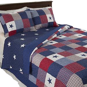 3-Piece Caroline Patriotic Quilt Set - Microfiber Americana Stars and Plaid Patchwork Bedding - King Bed Spread with 2 Pillow Shams by Lavish Home