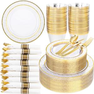 Ciaell 350PCS Clear Plastic Plates with Gold Trim for 50 Guests,Includes 100 Plastic Plates, 50 Pre Rolled Napkins with Gold Silverware, 50 Cups, Disposable Dinnerware Set for Wedding & Party