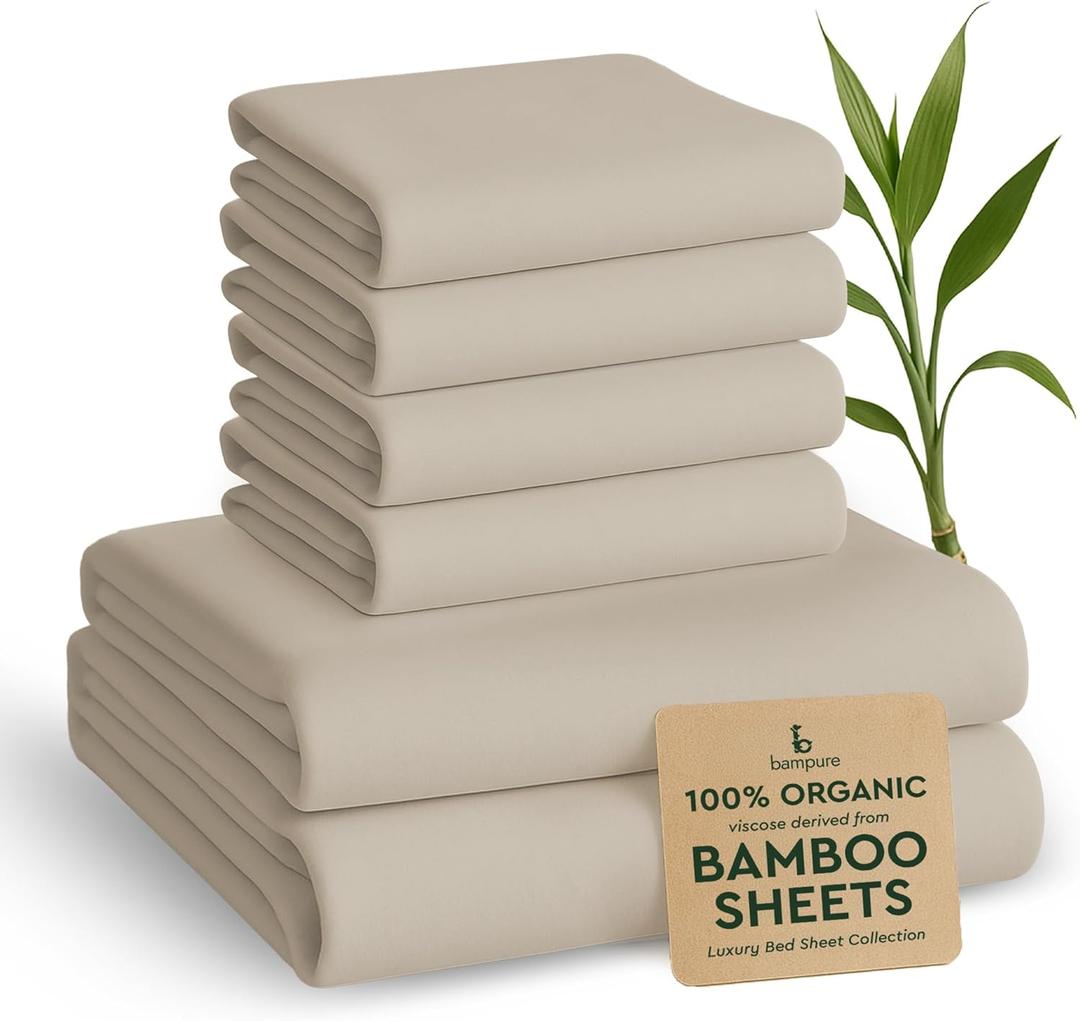 BAMPURE 6 Pcs Queen Sheet Set - 100% Pure Viscose derived from Bamboo Queen Size - Super Soft Queen Cooling Sheets for Hot Sleepers - Up to 16 Deep Pocket Queen Sheets (Beige)