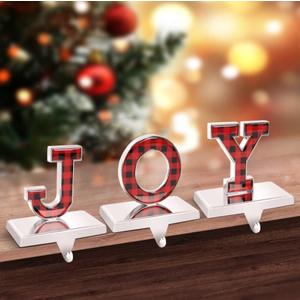 COPPATAOPP Christmas Stocking Holders for Mantle Set of 3 - J O Y, Metal Heavy Stocking Holders for Mantle, Red and Black Buffalo Plaid Mantel Stocking Hangers for Fireplace Christmas Decorations