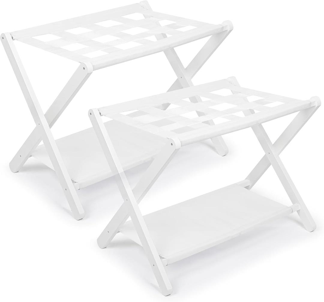 VASMIA Luggage Rack,Bamboo Suitcase Stand with Storage Shelf,Set of 2,Folding Luggage Stand for Guest Room,Hotel,Bedroom,Heavy-Duty, Holds up to 131 lb, White,VLR03W02