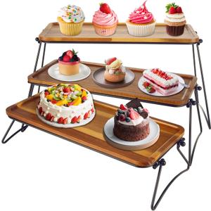 CYEAH 3 Tiered Tray Stand - Acacia Wood Serving Tray, Cupcake Stand and Towers Serving Trays for Party, Wooden Tower Dessert Table Display Set, Decor Small Rustic Wood Platter Trays Family Parties