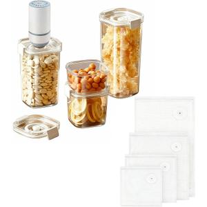 Vacuum Container,Vacuum Seal Containers,4pcs Airtight Food Storage Containers with Lids,4pcs Food Vacuum Bags/ 1pc Automatic Pump,for Kitchen and Pantry Organization (Rectangula)