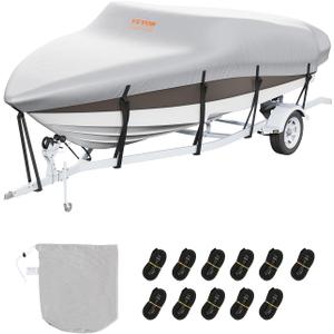 VEVOR Boat Cover 14-16 ft Trailerable Waterproof Boat Cover, 600D Marine Grade PU Oxford Bass Boat Cover, with Motor Cover and Buckle Straps, for V-Hull, Tri-Hull, Fish Ski Boat, Runabout, Grey (14'-16' Length, Beam Width up to 90")
