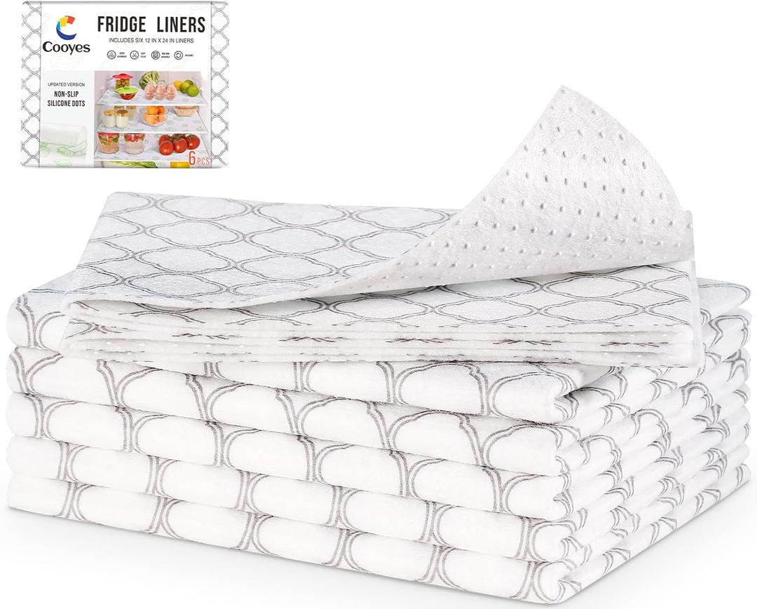Cooyes Non Slip Refrigerator Liners, 2-in-1 Fridge Mats and Fresh-Keeping Shelf Liners, Absorbs Excess Moisture, BPA-Free, Multiple Sizes for Glass Shelves Kitchen Cabinets Drawers, 6 Pack, 12"  24" (A White Quatrefoil)