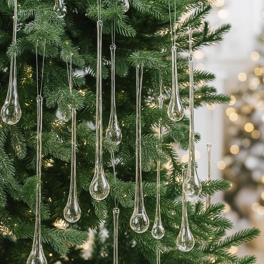 Clear Glass Teardrop Winter Ornaments Crystal Raindrop Hanging Ornaments Crystal Chandelier Drop Pendant Icicles Decorations for Christmas Tree Winter Party Supplies(22 Pcs,4 Large Size)