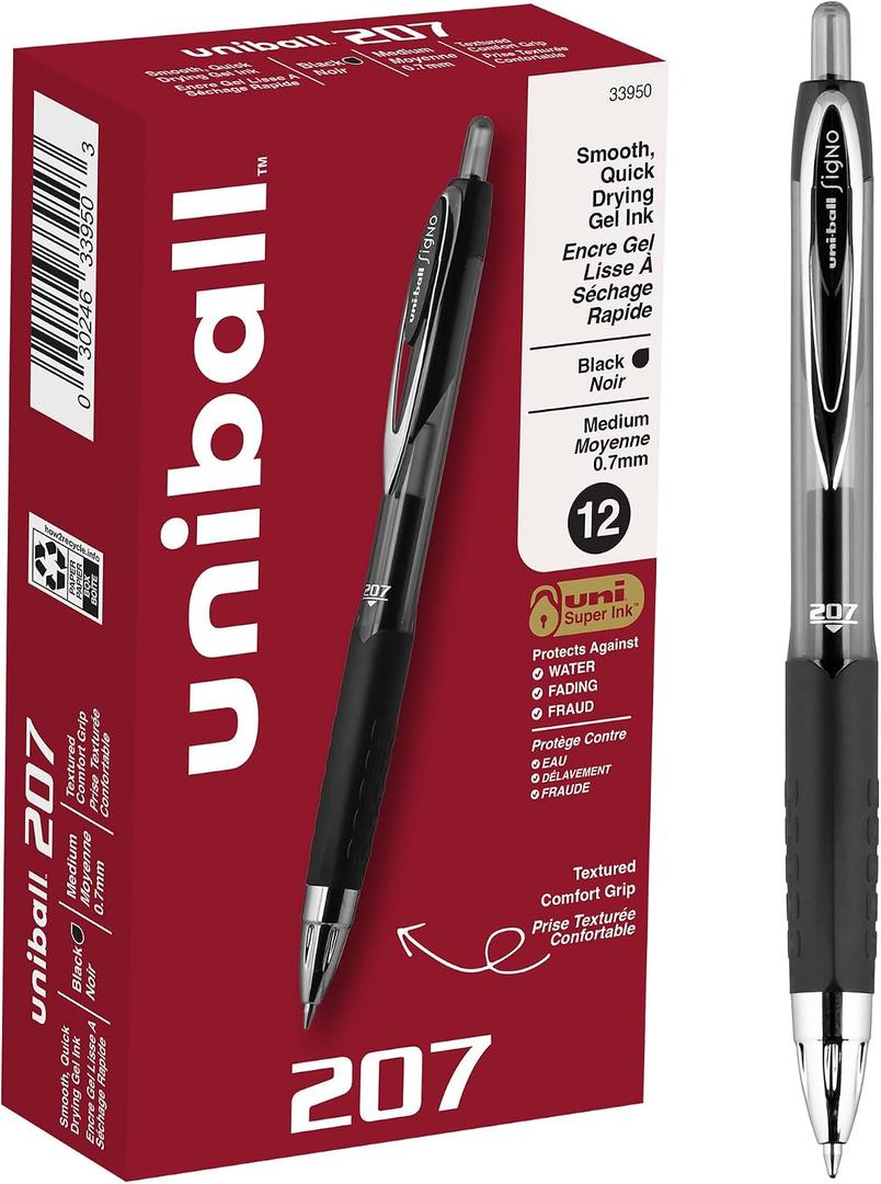 2 x uni-ball 207 Retractable Gel Pens Medium Point, 0.7mm, Black, 12 Pack