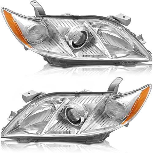 AS 2007 2008 2009 Toyota Camry Headlight Assembly Headlamps for 07 08 09 Camry Exclude Hybrid Projector Left and Right Pair - Chrome Housing Clear Lens
