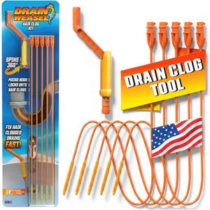 Flexisnake Drain Weasel Hair Clog Remover Kit  Plumbing Snake Auger for Cleaning Shower, Bath Tub, Bathroom Drains with Rotating Handle and 5 Disposable Wands, Made in USA