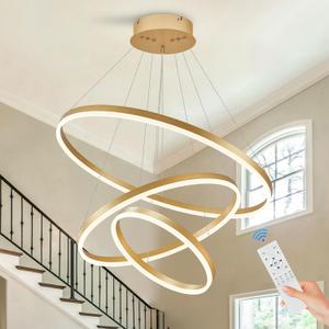3-Rings Modern LED Chandelier Gold, Dimmable Pendant Lighting with Remote Control Circular Flush Mount High Ceiling Light for Living Room Dining Room Foyer, 3000K-6500K D31.5