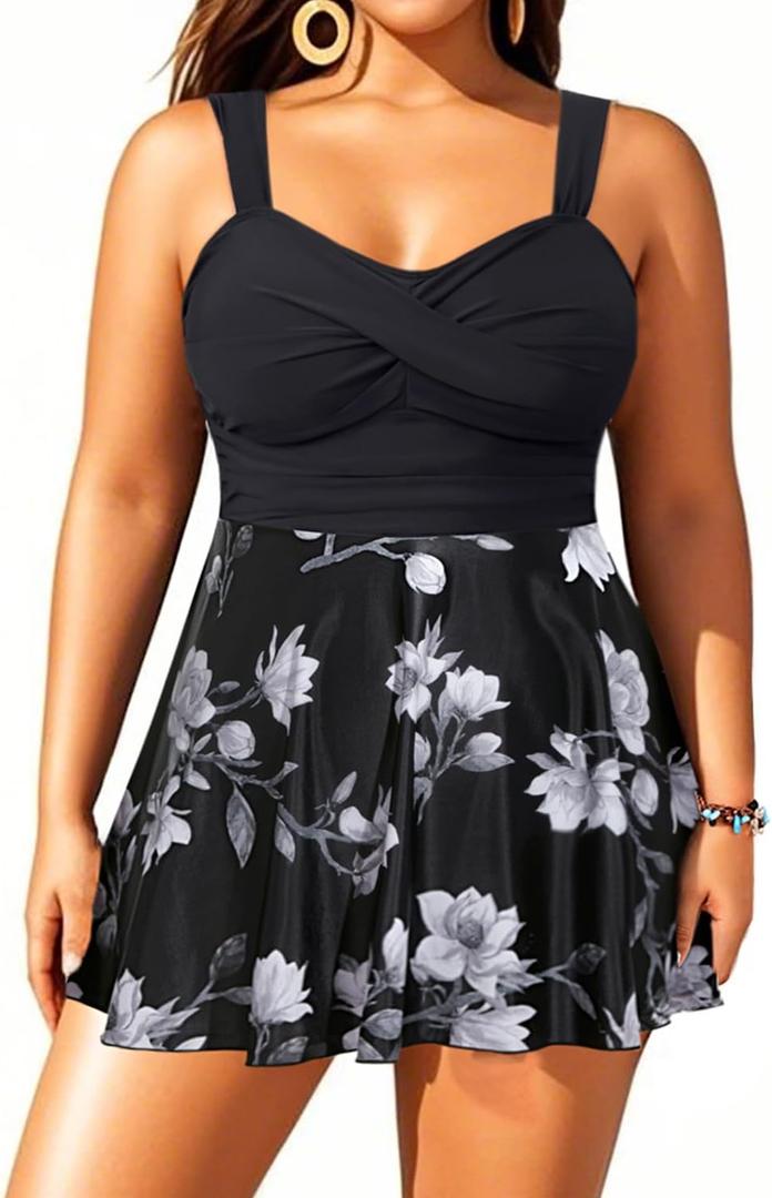 Aqua Eve Plus Size Two Piece Swimsuits for Women Tankini Bathing Suits Flowy Swim Dress with Shorts (Black, 16W)