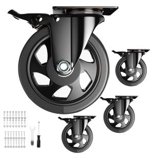 5 Inch Swivel Caster Wheels, Set of 4 Heavy Duty, Locking Industrial Casters with Brake, Black, Stainless Steel, Polyurethane, Double Safety Brakes and 360 Swivel for Maximum Flexibility