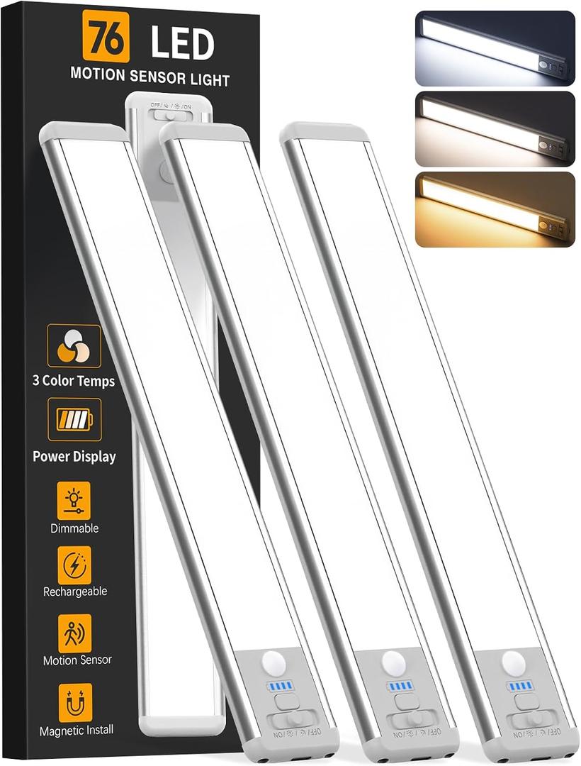 Under Cabinet Lighting Wireless, Rechargeable 10inch Motion Sensor Light Indoor, 3 Color Closet Light Battery Operated with LED Power Display, Magnetic Under Counter Lights for Kitchen, Home (3Pack)