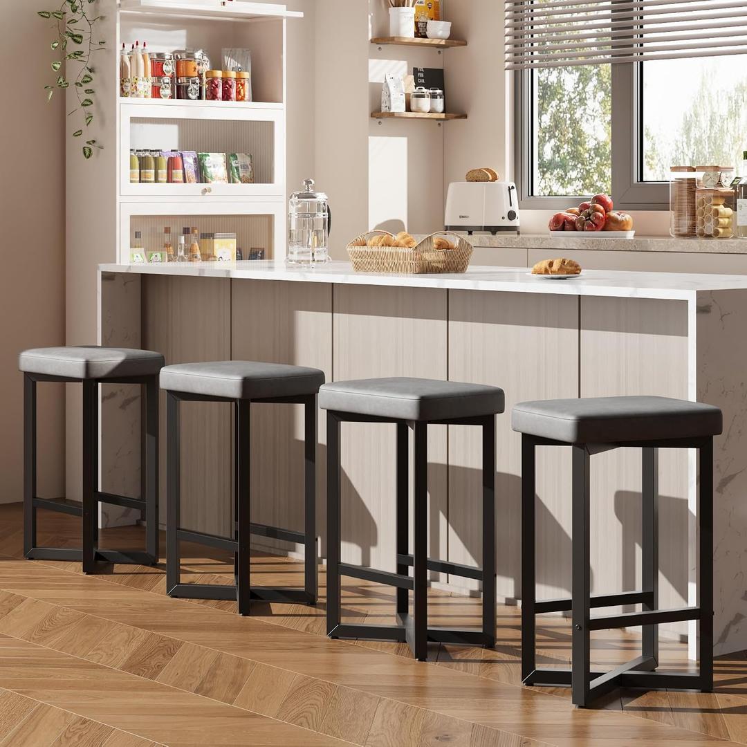 IDEALHOUSE Bar Stools Set of 4, 24.6" Counter Height Backless Barstools | Gray Upholstered PU Leather Seats, Metal X-Frame & Footrest, Modern Kitchen Stools for Home Bar, Dining Room