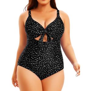 Aqua Eve Plus Size One Piece Swimsuit for Women Tummy Control Bathing Suit Cutout Swimwear (Black Dot, 16W)