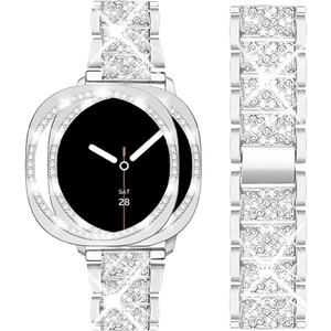 Mosonio Compatible with Samsung Galaxy Watch 8/7/6 Bands 40mm/44mm, 20mm Bling Metal Bands with Bling Protective Cover Case for Women, Shiny Watch Replacement Strap for Daily Wear (Silver)