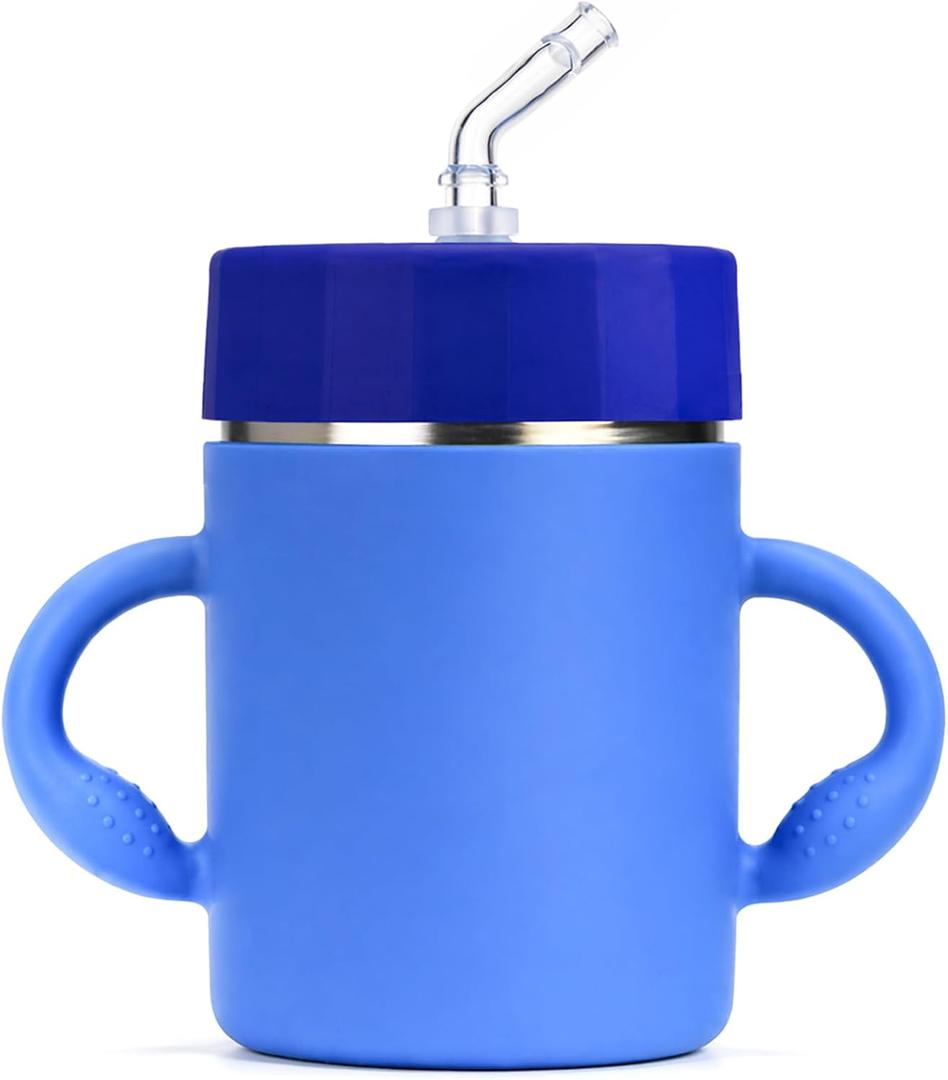 BUSOHA Kids Insulation Stainless Steel Tumbler - Kids Water Bottle with Handle Spill Proof Flexible Straw Sippy Cup Stainless Steel Training Cup for Picnic Travel,12oz,Blue