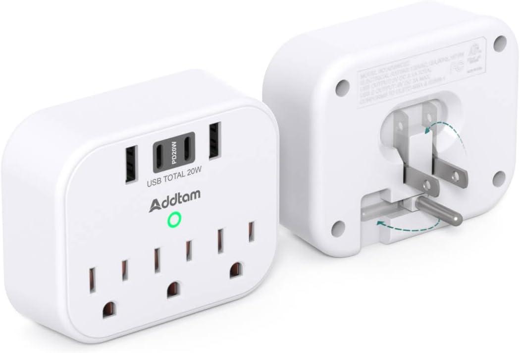 2 Pack Outlet Extender with Foldable Plug - 20W USB C Power Delivery, Cruise Approved Power Strip 3 Outlets 4 USB Plug Adapter for Travel Essentials Cruise Must Have (White)