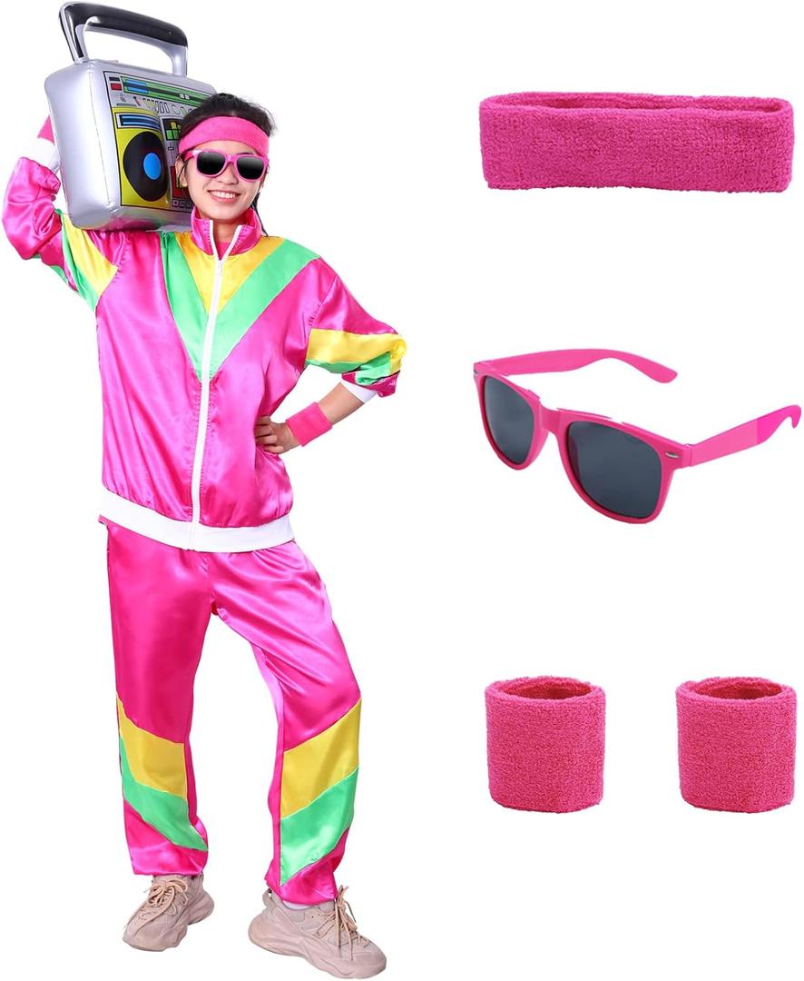 80s Tracksuit Men 80s Costumes for Women/Men 90s Hip Hop Costumes Shell Suit for Party Halloween Dress (Large, Pink)
