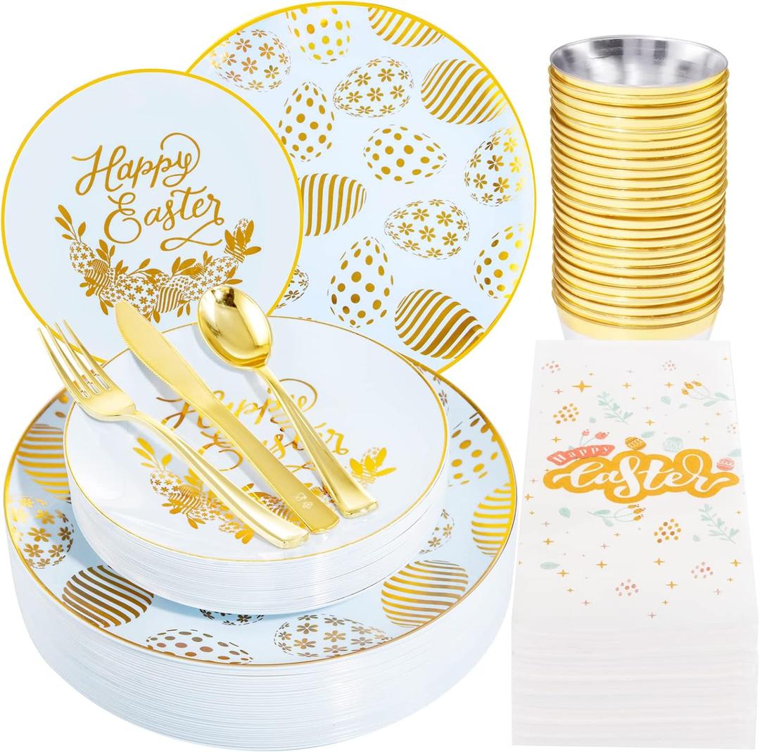 Morejoy 175pcs Easter Plastic Plates,Blue Plastic Plates Disposable Ice Blue Plates Include 25 Dinner Plates,25 Dessert Plates,25 Cups,25 Forks,25 Knives,25 Spoons,25 Napkins Perfect for Easter Party