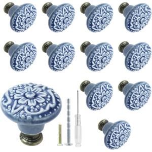 Biaungdo 12 Pcs Light Blue Vintage Round Ceramic Cabinet Knobs and Pulls for Drawer, Cupboard, Closet Door