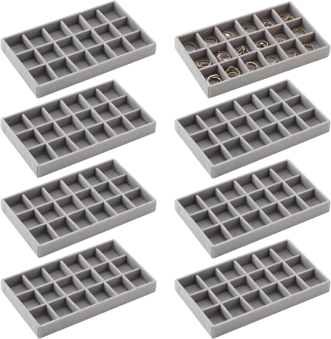 Highergo 8 Pcs Small Velvet Jewelry Trays Stackable Drawers Organizer Ring Earring Storage Trays, 8.3x4.7x1''(Gray,18 Grids)