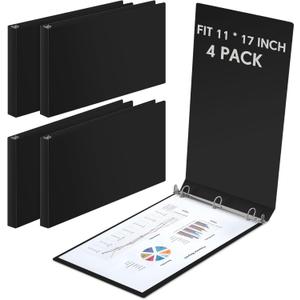4 Pcs 11 x 17 Inch 3 Ring Binders 1 Inch Rings Heavy Duty View Plastic Flexible D Ring Binders Economy Holds 11" x 17" Paper for Artwork Blueprints, Office, Home, Work Places(Black)