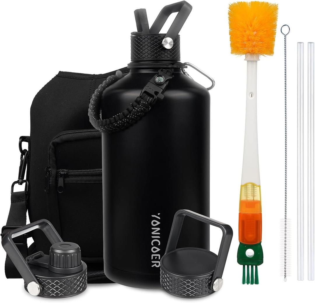 Insulated Water Bottle 128oz,Triple Wall Vacuum Stainless Steel(Dishwasher Safe),Leak Proof & Non-BPA,Flask Jug with Paracord Handle & Straw Spout Lids Sports Black