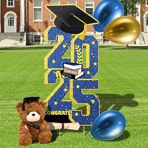 Graduation Yard Signs Class of 2025 Decorations, with Graduation Bear Congrats Grad Yard Sign for High School College Graduation Party Supplies Outdoor Lawn, DIY Name (Black Golden)