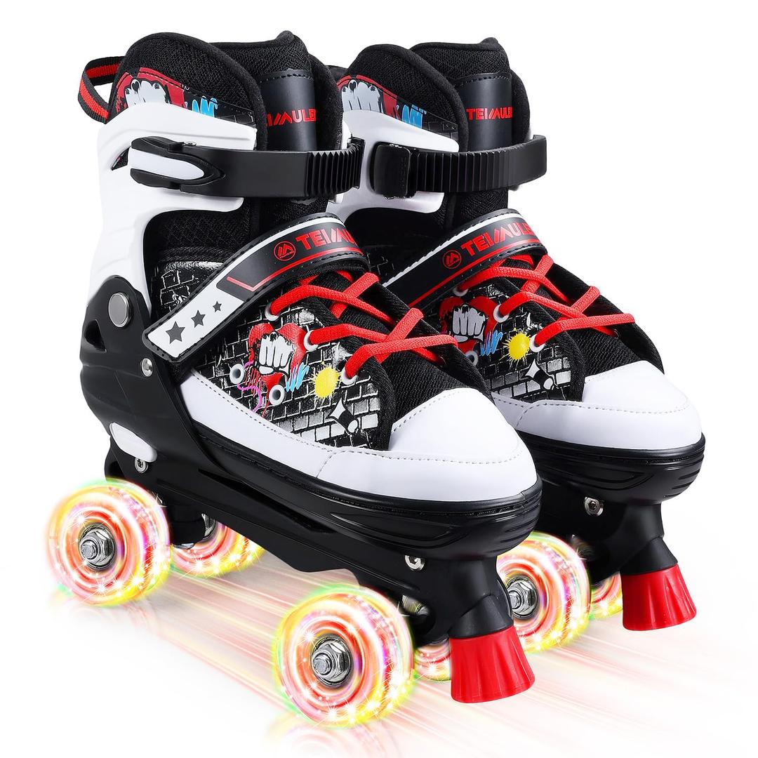 Kids Roller Skates, 4 Size Adjustable Quad Skates with All Light Up Wheels, 10C to 8 Rollerskates for Toddlers, Beginners, Boys, Girls, Outdoor, Indoor, Black, Small