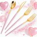 SUT 160Pcs Pink and Gold Plastic Silverware, Heavy Duty Plastic Silverware, Valentines Plastic Utensils, 80 Plastic Forks, 40 Knives, 40 Spoons, Disposable Cutlery for Parties, Valentines(Pink Gold)