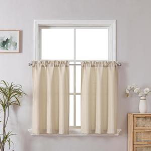 Chyhomenyc Kitchen Curtains 24 Inch Length, Light Filtering Faux Linen Textured Short Window Curtain for Bathroom Basement, Small Curtains for Cabinet Stall, Each 30x24 Inch, 2 PCS, Linen Color