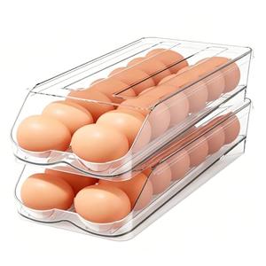 BOBELA Egg Holder for Fridge,Automatic Rolling Egg Container for Refrigerator,2 Pack Clear Stackable 28-Count Egg Organizer with Lid, Fridge Organizers and Storage