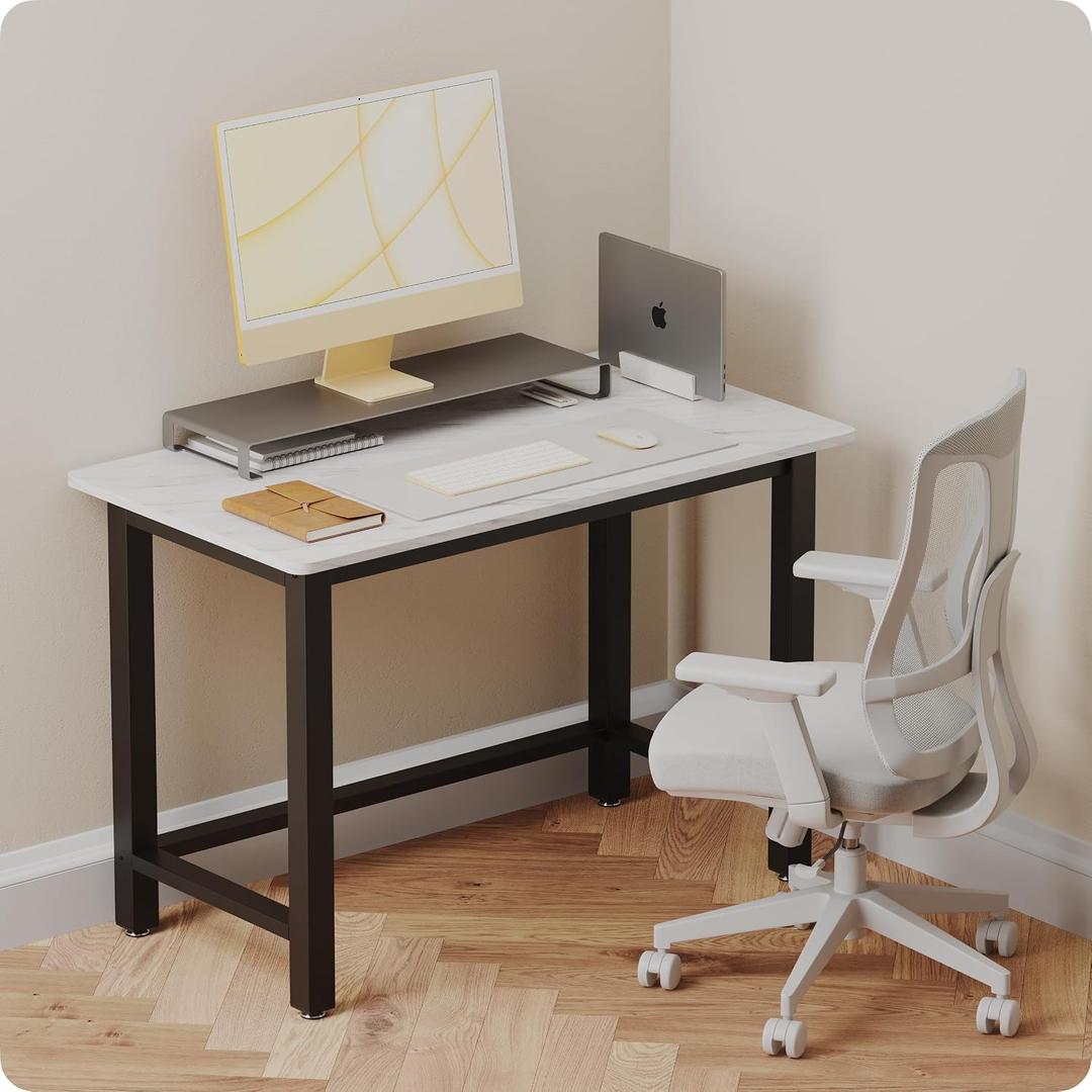 43" Home Office Desk Modern Computer Desk 43.3x23.6x29.5 inches PC Table with Thicken Frame Industrial Style Sturdy Metal Frame Furniture for Writing Gaming Marble White+Black