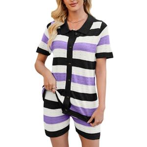 Womens Sweater Knit Pajama Sets Short Sleeve Top and Shorts Matching Lounge Set Loungewear (XL)