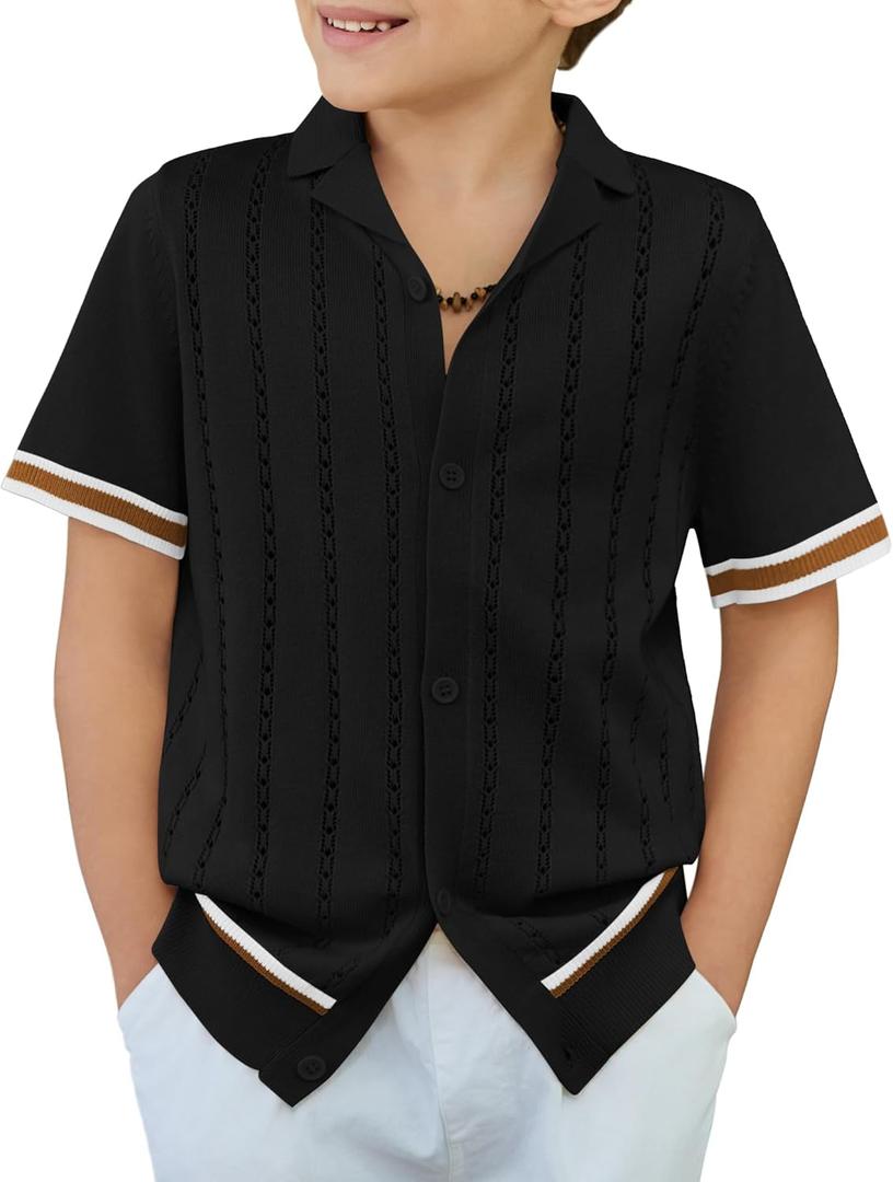 Arshiner Boys Knit Shirts Short Sleeve Button Down Shirt Vintage Fashion Casual Summer Beach Shirts for Kids 4-5T Years (Black)