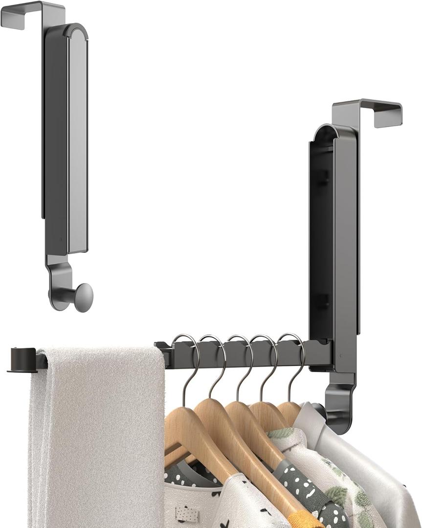 Over The Door Hanger Hook, Foldable Over The Door Drying Rack for Clothes & Towel Rack, Heavy Duty Over The Door Hanger for Bathroom, Bedroom, Fits 1 3/8" Doors, (Space Gray)