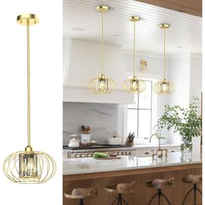 Brushed Gold Pendant Lights Kitchen Island, Modern Gold Crystal Pendant Light Fixtures with Adjustable Rod, Mini Chandelier Hanging Pendant Lights for Kitchen Hallway Dining Room Bedroom(1 Pack)