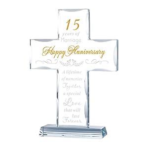 YWHL Happy 15th Anniversary Glass Cross Gifts for Couples, 15 Year Cross Wedding Anniversary Romantic Gifts for Her, 15 Years of Marriage Present for Him