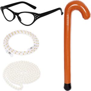 4Pcs Old Lady Grandma Costume Accessories - Granny Glasses, Pearl Glasses Chain, Faux Pearl Necklace, Inflatable Cane
